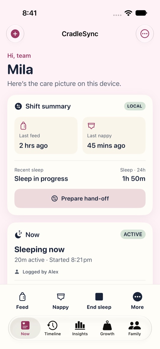 The CradleSync Now screen showing the last feed, last nappy and a sleep in progress