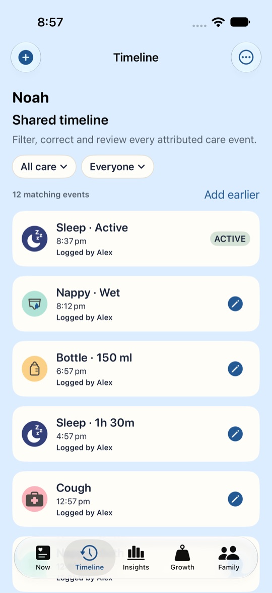 The shared timeline for Noah listing sleeps, nappies and bottles, each marked with who logged it